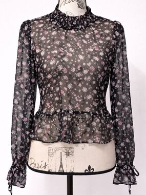 BCBGeneration Black Sheer Floral Ruffle-Neck Peplum Blouse